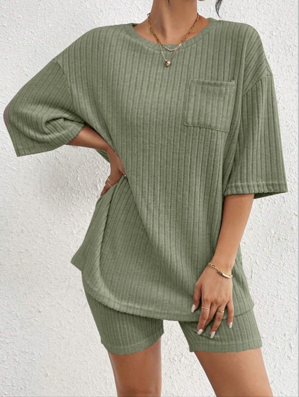Green Ribbed Women's Shorts Set